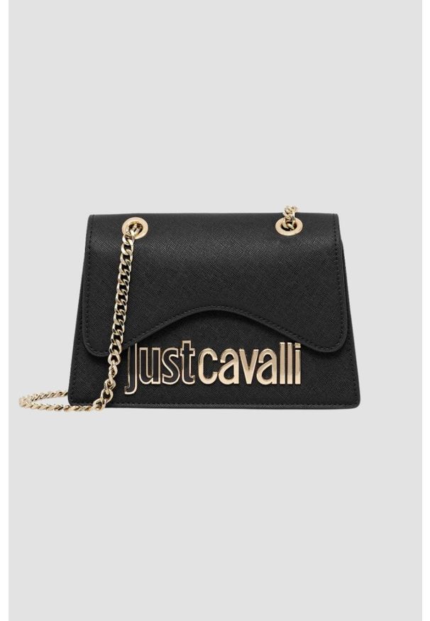 Just Cavalli - JUST CAVALLI Czarna mini torebka damska Metal Lettering Style 7. Kolor: czarny. Materiał: skórzane. Styl: casual, elegancki