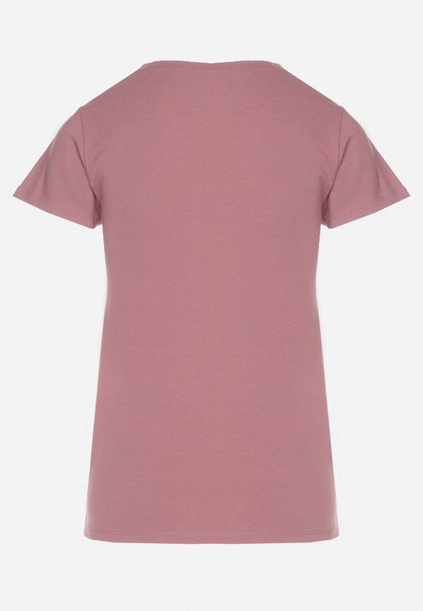 Born2be - Ciemnoróżowy T-shirt z Bawełny z Dekoltem w Serek Liniviela. Okazja: na co dzień. Typ kołnierza: dekolt w serek. Kolor: różowy. Materiał: bawełna. Styl: casual