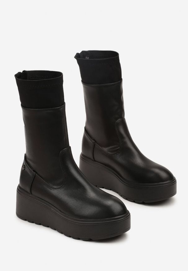 Born2be - Czarne Botki na Platformie Vices Typu Grunge Anerriva. Okazja: na co dzień. Kolor: czarny. Materiał: skóra. Obcas: na platformie. Styl: casual