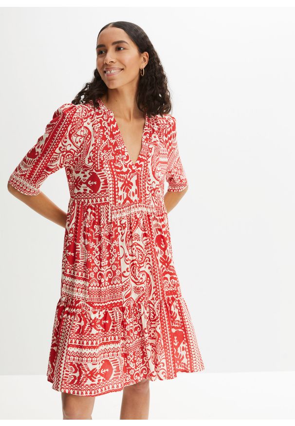 bonprix - Sukienka tunikowa z nadrukiem, ze zrównoważonej wiskozy. Kolor: czerwony. Materiał: wiskoza. Wzór: nadruk. Sezon: lato