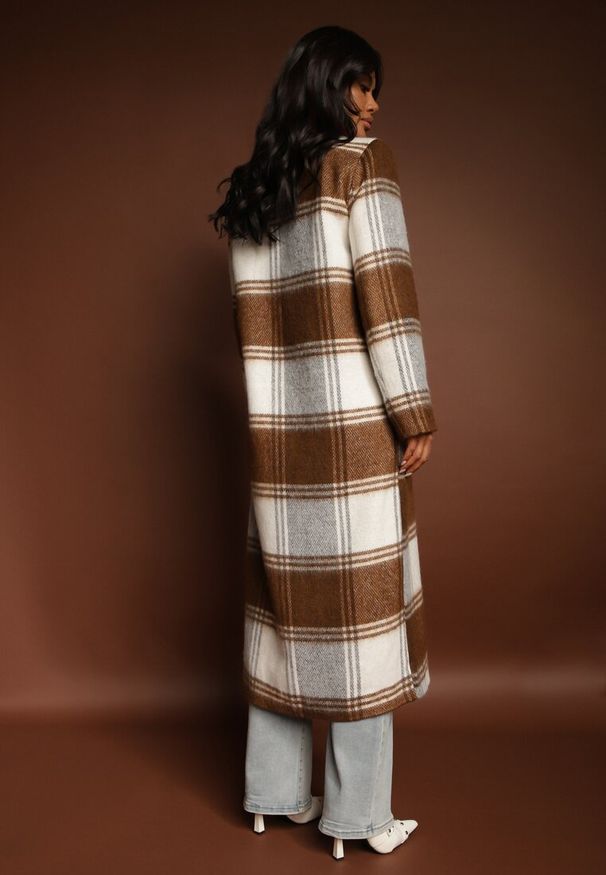 Renee - Brązowy Niezapinany Płaszcz w Kratkę z Kieszeniami z Klapą Fiboila. Okazja: na co dzień. Kolor: brązowy. Materiał: jeans. Wzór: kratka. Styl: casual, elegancki