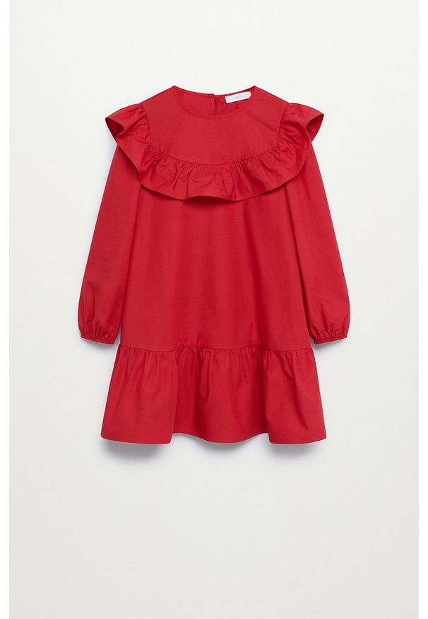 Mango Kids - Sukienka dziecięca POPLIN. Kolor: czerwony. Materiał: tkanina, bawełna. Wzór: gładki. Typ sukienki: rozkloszowane. Długość: mini