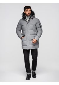 Ombre Clothing - Długa męska kurtka parka ze strukturalnej tkaniny – szara V2 - Rozmiar: S. Kolor: szary. Materiał: tkanina. Długość: długie. Wzór: aplikacja