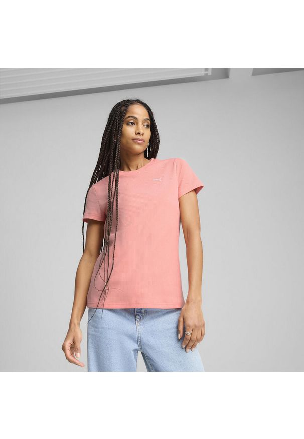 Puma - Damska koszulka prążkowana ESS ELEVATED PUMA Pink Fruit. Kolor: różowy. Materiał: prążkowany. Wzór: haft