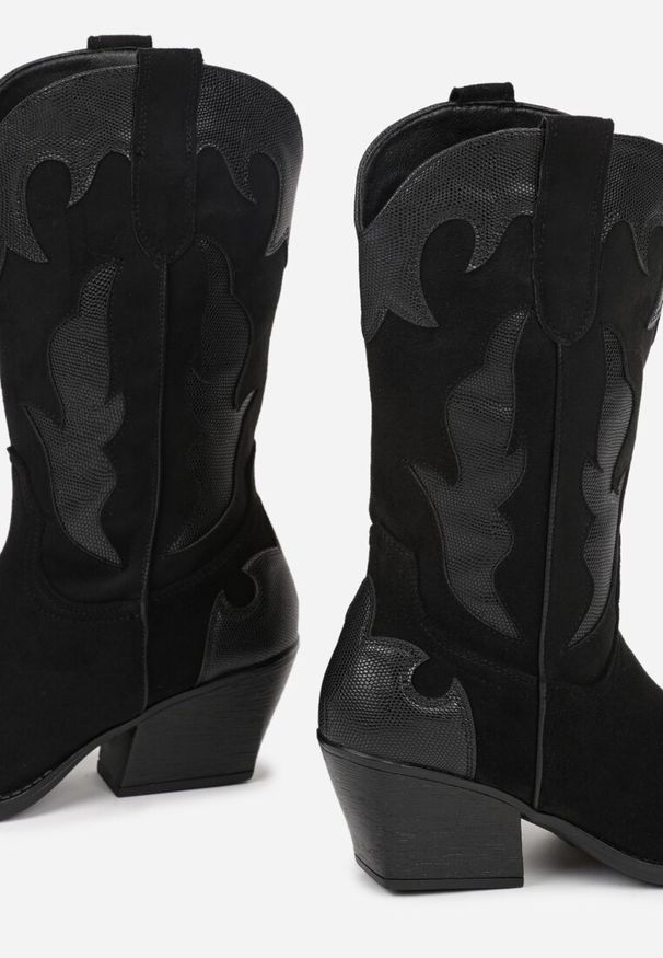 Renee - Czarne Kozaki Kowbojki na Stożku z Tłoczoną Cholewką Avrenne. Kolor: czarny. Materiał: jeans. Szerokość cholewki: normalna. Obcas: na stożku. Styl: elegancki. Wysokość obcasa: średni