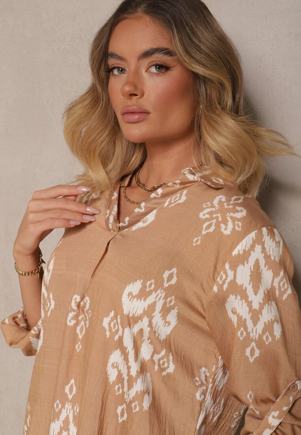 Renee - Brązowy Komplet z Wiskozą Koszula i Spodnie Zdobione Etnicznym Printem Mepina. Kolor: brązowy. Materiał: wiskoza. Wzór: nadruk, aplikacja