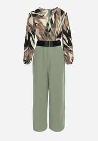 Born2be - Zielony Kombinezon z Kopertową Górą i Szerokimi Spodniami oraz Paskiem Elavina. Kolor: zielony #7