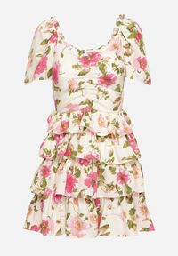 Born2be - Beżowo-Różowa Sukienka z Bufiastymi Rękawami i Falbanami Ceragia. Okazja: na wesele, na randkę, na ślub cywilny. Kolor: beżowy. Wzór: kwiaty. Styl: klasyczny, elegancki #6