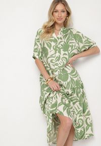 Born2be - Zielona Wiskozowa Rozkloszowana Sukienka z Falbaną Filindania. Okazja: na co dzień. Kolor: zielony. Materiał: wiskoza. Styl: casual, elegancki #1