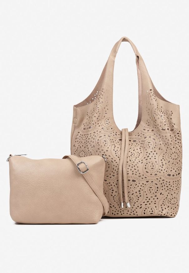 Renee - Ciemnobeżowa Torebka Shopper z Ażurowym Wzorem i Dodatkową Saszetką Merabella. Kolor: beżowy. Wzór: ażurowy. Styl: elegancki, biznesowy, casual