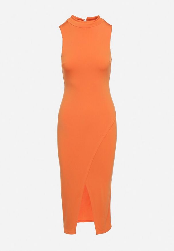 Born2be - Pomarańczowa Sukienka z Półgolfem z Rozcięciem na Przodzie Aelwyn. Okazja: na co dzień, na imprezę. Kolor: pomarańczowy. Materiał: skóra. Długość rękawa: krótki rękaw. Styl: casual