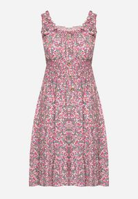 Born2be - Różowa Rozkloszowana Sukienka z Bawełny Wykończona Gumką w Talii Nelaris. Okazja: na randkę, na imprezę. Typ kołnierza: dekolt hiszpanka. Kolor: różowy. Materiał: bawełna. Długość rękawa: na ramiączkach. Styl: boho #4