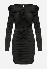 Born2be - Czarna Drapowana Sukienka Mini z Rozcięciami i Kwiatami Jadinia. Kolor: czarny. Wzór: kwiaty. Styl: elegancki. Długość: mini #5