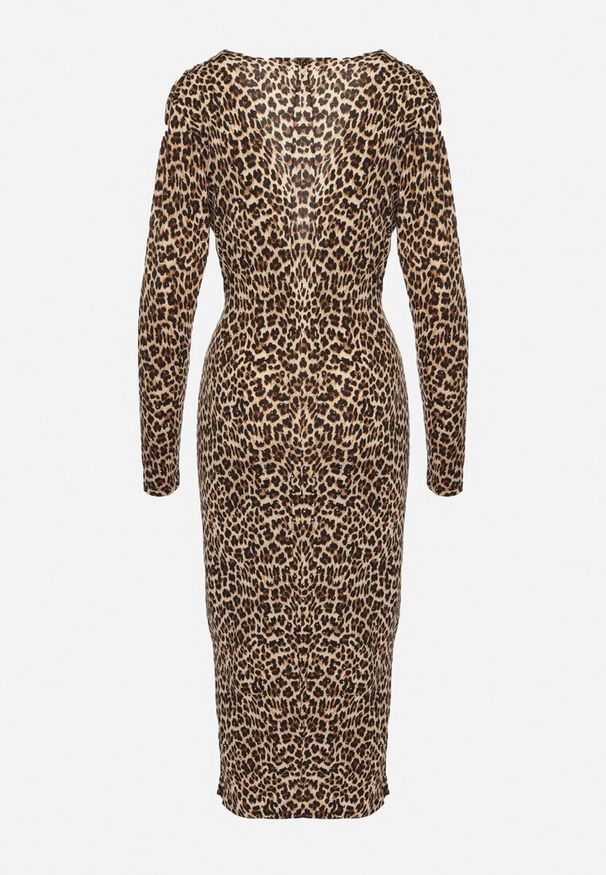 Born2be - Brązowa Koktajlowa Sukienka Taliowana w Panterkę z Rozcięciem z Boku i Cyrkoniami Zelimi. Typ kołnierza: dekolt w kształcie V. Kolor: brązowy. Wzór: motyw zwierzęcy. Styl: wizytowy