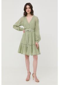 Guess sukienka kolor zielony mini rozkloszowana. Kolor: zielony. Materiał: tkanina. Długość rękawa: raglanowy rękaw. Typ sukienki: rozkloszowane. Długość: mini