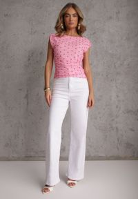 Renee - Różowa Bluzka w Groszki z Siateczki Ozdobiona Marszczeniami bez Rękawów Doreisa. Okazja: na co dzień. Kolor: różowy. Materiał: jeans. Długość rękawa: bez rękawów. Wzór: aplikacja, grochy. Styl: elegancki, casual #7