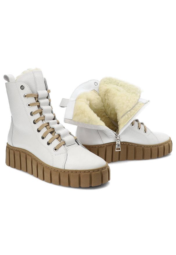 CheBello - Białe Botki Chebello Ocieplane Skórzane Buty Damskie. Kolor: biały. Materiał: skóra