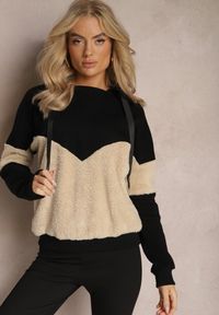 Renee - Czarna Bawełniana Bluza z Kapturem ze Ściągaczami i Polarem Eurynia. Typ kołnierza: kaptur. Kolor: czarny. Materiał: polar, bawełna. Wzór: aplikacja #4