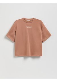 Reserved - T-shirt z haftem - brązowy. Kolor: brązowy. Materiał: tkanina. Wzór: haft