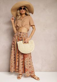 Renee - Beżowe Spodnie z Szerokimi Nogawkami Palazzo High Waist z Gumką w Talii Fiesa. Okazja: na co dzień. Stan: podwyższony. Kolor: beżowy. Styl: retro, casual #4