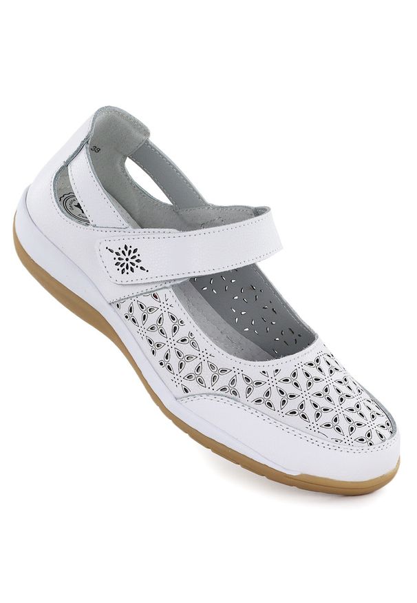 Skórzane półbuty damskie ażurowe na rzep białe Jezzi 9763. Zapięcie: rzepy. Kolor: biały. Materiał: skóra. Szerokość cholewki: normalna. Wzór: ażurowy