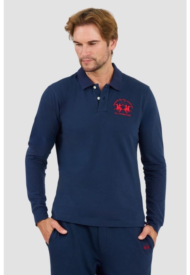 La Martina - LA MARTINA Granatowy longsleeve polo Piquet Stretch. Typ kołnierza: polo. Kolor: czarny. Długość rękawa: długi rękaw