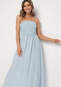 Born2be - Jasnoniebieska Sukienka Rozkloszowana z Dekoltem Typu Bandeau Mavilore. Okazja: na co dzień, na imprezę. Kolor: niebieski. Materiał: skóra. Wzór: aplikacja. Typ sukienki: rozkloszowane. Styl: klasyczny, casual, elegancki, wizytowy #4