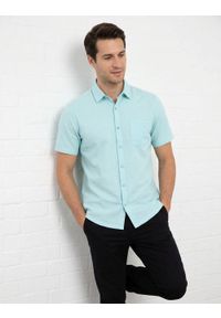 Koszula Weekendowa z Lnem, Krótki Rękaw - Brave Soul - Miętowy-Niebieski. Okazja: na co dzień. Kolor: niebieski. Materiał: bawełna, len. Długość rękawa: krótki rękaw. Długość: krótkie. Styl: casual #2