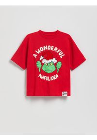 Reserved - Świąteczny t-shirt Grinch - czerwony. Kolor: czerwony. Materiał: dzianina, bawełna. Styl: wizytowy