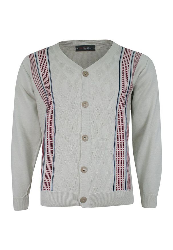 Max Sheldon - Kardigan, Beżowy w Paski Sweter Zapinany na Guziki, Elegancki -MAX SHELDON- Męski. Okazja: na co dzień. Kolor: brązowy, wielokolorowy, beżowy. Materiał: akryl, bawełna. Wzór: paski. Styl: elegancki