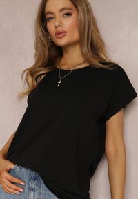 Renee - Czarny T-shirt Euniera. Kolekcja: plus size. Kolor: czarny. Materiał: bawełna, tkanina. Długość rękawa: krótki rękaw. Długość: krótkie. Wzór: jednolity, aplikacja, gładki. Styl: klasyczny #3