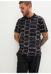 bonprix - Shirt polo z bawełny organicznej, Slim Fit, krótki rękaw. Typ kołnierza: polo. Kolor: czarny. Materiał: bawełna. Długość rękawa: krótki rękaw. Długość: krótkie. Wzór: nadruk