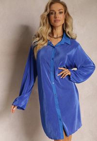 Renee - Granatowa Koszulowa Sukienka Mini Udekorowana Plisowaniem Culven. Kolor: niebieski. Materiał: tkanina. Typ sukienki: koszulowe. Długość: mini #2