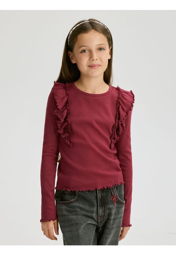 Reserved - Prążkowana bluzka z falbanką - jasnofioletowy. Kolor: fioletowy. Materiał: prążkowany