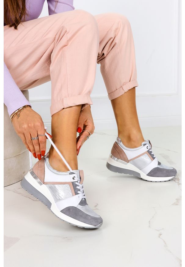 Kati - Szare sneakersy kati buty sportowe sznurowane polska skóra 7049. Kolor: różowy, wielokolorowy, szary. Materiał: skóra