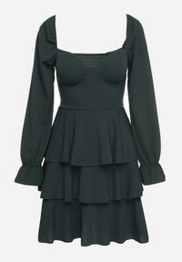 Born2be - Ciemnozielona Rozkloszowana Sukienka z Falbankami i Bufiastymi Rękawami Semithara. Okazja: na co dzień. Typ kołnierza: kołnierz z falbankami. Kolor: zielony. Wzór: aplikacja. Styl: klasyczny, casual, elegancki #4