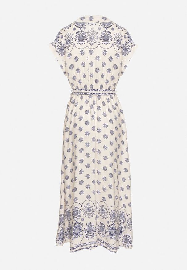 Born2be - Beżowo-Niebieska Koszulowa Sukienka z Wiskozy w Kwiatowy Wzór z Wiązanym Paskiem Iffinara. Okazja: na co dzień, na randkę, na spacer. Kolor: niebieski. Materiał: wiskoza. Długość rękawa: krótki rękaw. Wzór: kwiaty. Typ sukienki: koszulowe. Styl: casual, elegancki, klasyczny