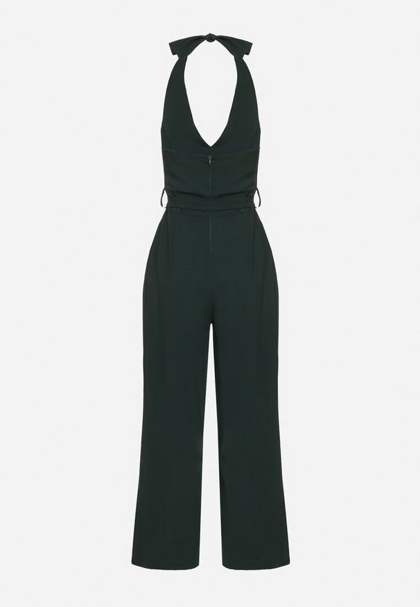 Born2be - Ciemnozielony Taliowany Kombinezon z Paskiem Wiązaniem i Odkrytymi Plecami Malurea. Okazja: na imprezę, na co dzień. Kolor: zielony. Materiał: jeans. Sezon: lato. Styl: casual