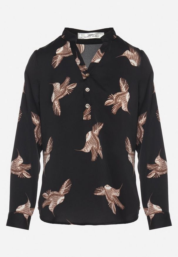 Born2be - Czarna Koszula z Bawełną z Motywem Ptaków Lumavisse. Okazja: na co dzień. Typ kołnierza: kołnierzyk klasyczny. Kolor: czarny. Materiał: bawełna. Styl: klasyczny, casual, elegancki