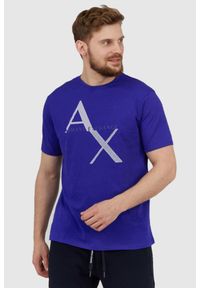 Armani Exchange - ARMANI EXCHANGE Niebieski t-shirt męski z logo. Kolor: niebieski. Materiał: prążkowany #1