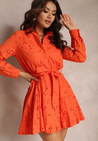 Renee - Pomarańczowa Koszulowa Sukienka Ażurowa z Wiązanym Paskiem Faeyela. Kolor: pomarańczowy. Materiał: materiał. Wzór: ażurowy. Typ sukienki: koszulowe #5