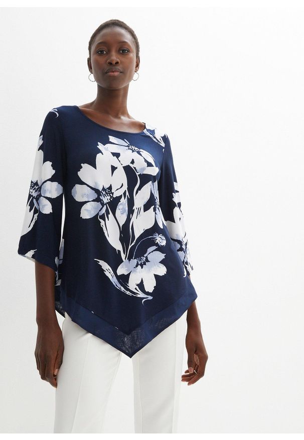 bonprix - Tunika shirtowa w roślinny wzór. Kolor: niebieski. Wzór: nadruk. Styl: elegancki, klasyczny