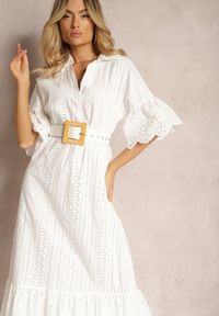 Renee - Biała Koronkowa Sukienka z Bawełny z Rękawem 3/4 o Rozszerzanym Kroju z Falbanką Mines. Kolor: biały. Materiał: bawełna, koronka. Styl: elegancki #5