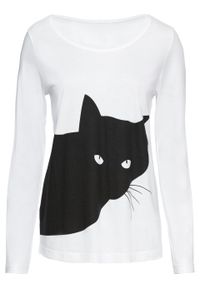 Shirt z długim rękawem i nadrukiem z motywem kota bonprix biało-czarny. Kolor: biały. Długość rękawa: długi rękaw. Długość: długie. Wzór: nadruk #1