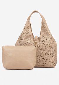 Born2be - Ciemnobeżowa Ażurowa Torebka Hobo z Dodatkową Saszetką Frosira. Kolor: beżowy. Wzór: ażurowy. Materiał: zdobione. Styl: klasyczny, elegancki, casual