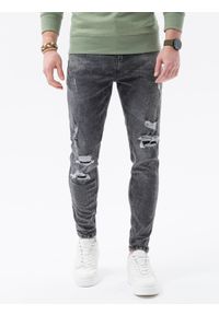 Ombre Clothing - Spodnie męskie jeansowe z dziurami SLIM FIT P1078 - szare - XXL. Kolor: szary. Materiał: jeans #4