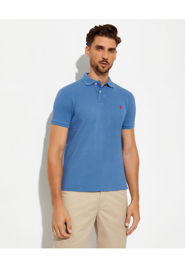 Ralph Lauren - RALPH LAUREN - Niebieska koszulka polo Custom Fit. Typ kołnierza: polo. Kolor: niebieski. Materiał: bawełna, prążkowany. Długość: długie. Wzór: haft