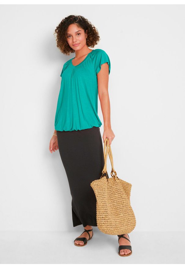 bonprix - T-shirt z mieszanki wiskozy. Typ kołnierza: dekolt w serek. Kolor: zielony. Materiał: wiskoza. Długość rękawa: krótki rękaw. Długość: krótkie