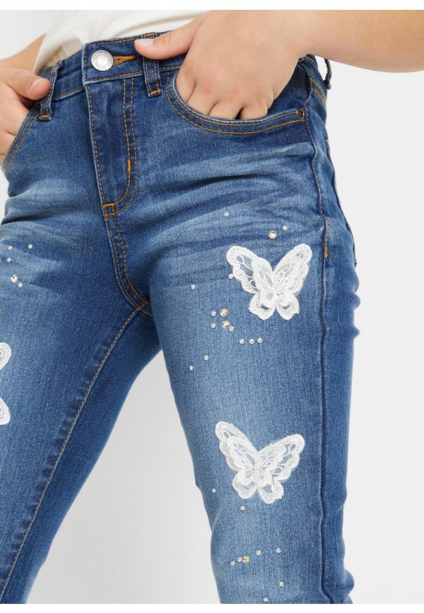 bonprix - Dżinsy SKINNY. Kolor: niebieski. Wzór: aplikacja