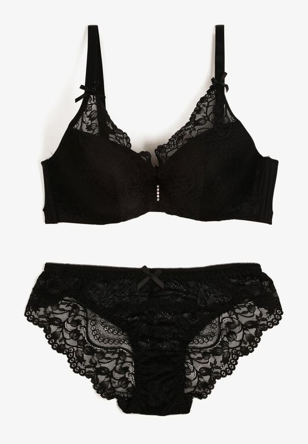 Born2be - Czarny Komplet z Ozdobnej Koronki Biustonosz Full Cup i Majtki Figi Afisa. Kolor: czarny. Materiał: koronka. Wzór: koronka